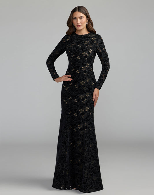 Mac Duggal Black Long Sleeve Open Back Embroidered Gown