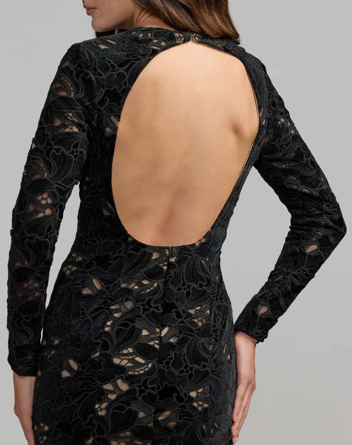 Mac Duggal Black Long Sleeve Open Back Embroidered Gown