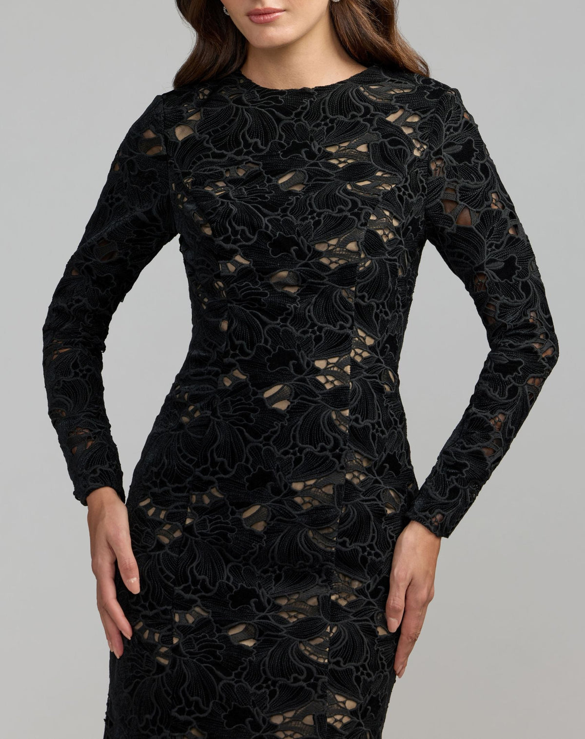 Mac Duggal Black Long Sleeve Open Back Embroidered Gown