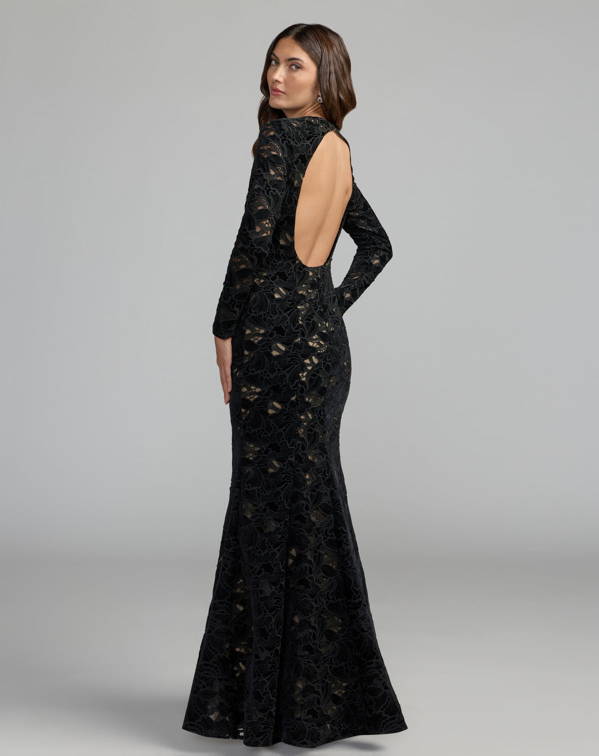 Mac Duggal Black Long Sleeve Open Back Embroidered Gown