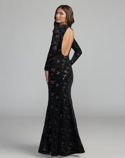 Mac Duggal Black Long Sleeve Open Back Embroidered Gown