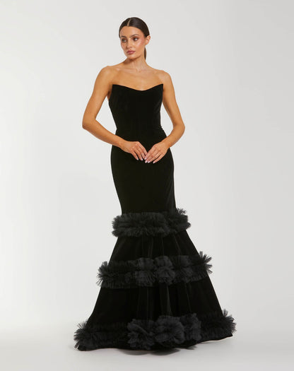Mac Duggal Black Strapless Velvet Mermaid Gown With Tiered Ruffles