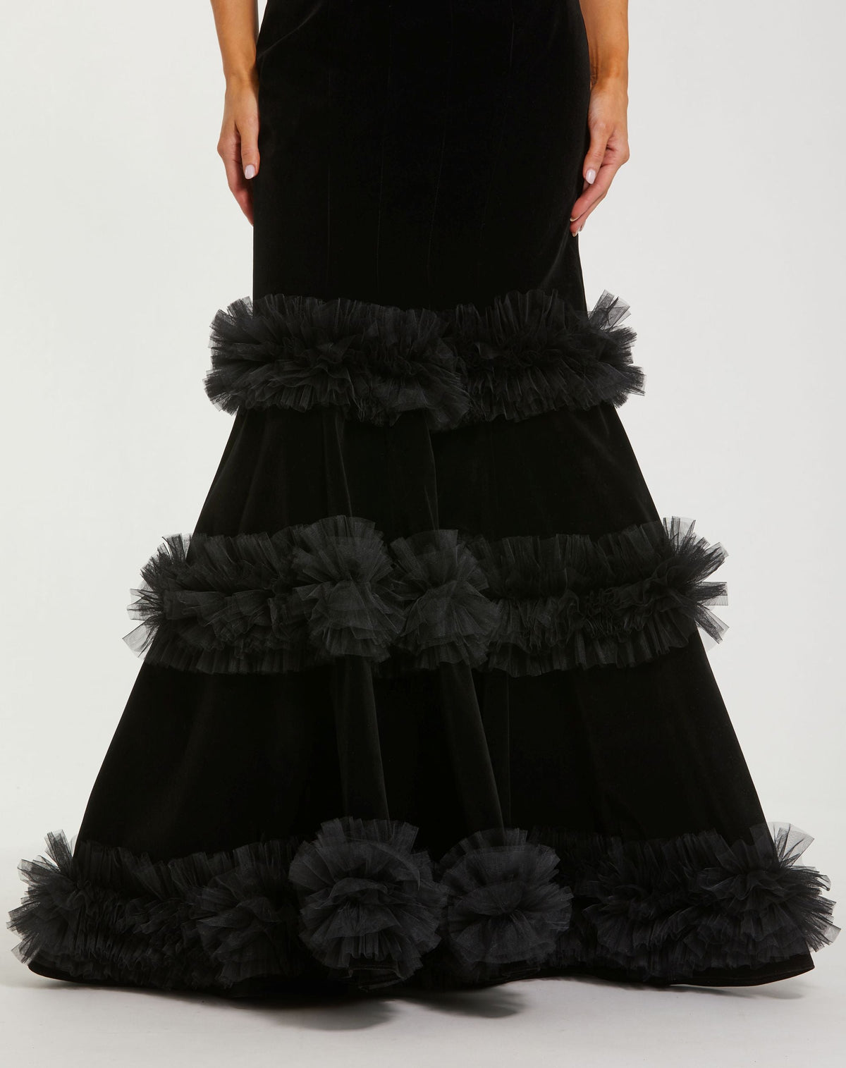 Mac Duggal Black Strapless Velvet Mermaid Gown With Tiered Ruffles