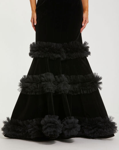 Mac Duggal Black Strapless Velvet Mermaid Gown With Tiered Ruffles