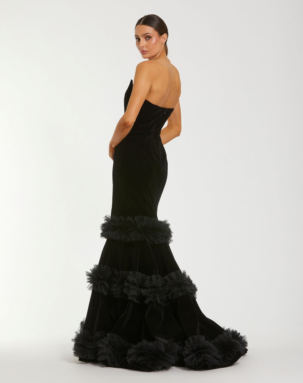 Mac Duggal Black Strapless Velvet Mermaid Gown With Tiered Ruffles