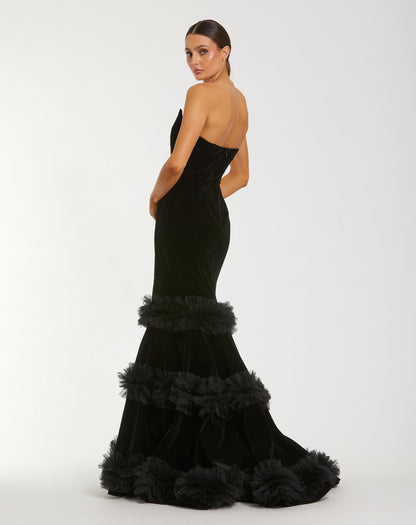 Mac Duggal Black Strapless Velvet Mermaid Gown With Tiered Ruffles