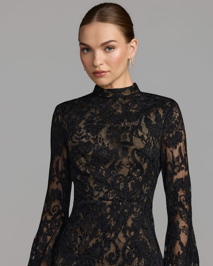 Mac Duggal Black Mock Neck Long Sleeve Lace Gown
