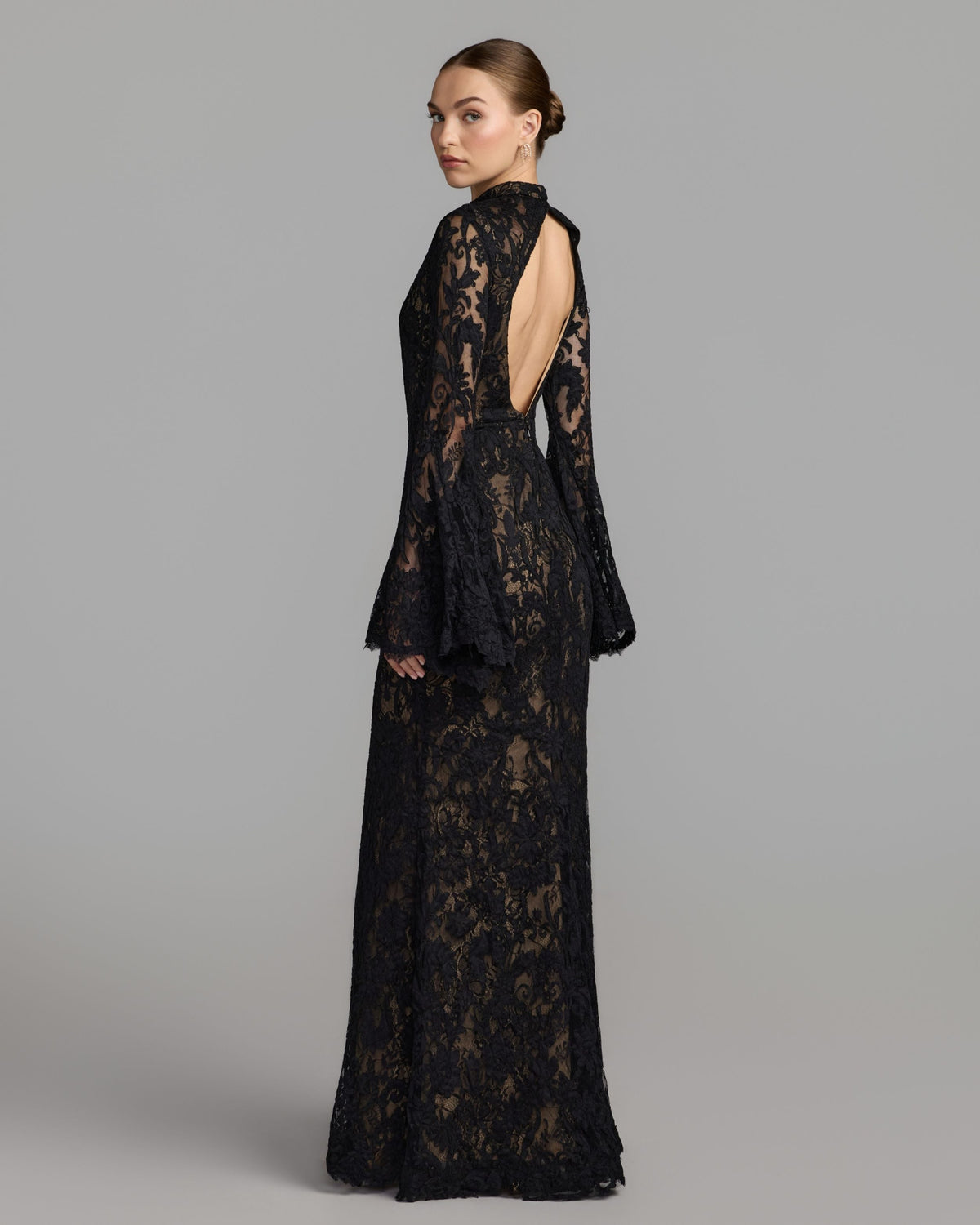Mac Duggal Black Mock Neck Long Sleeve Lace Gown