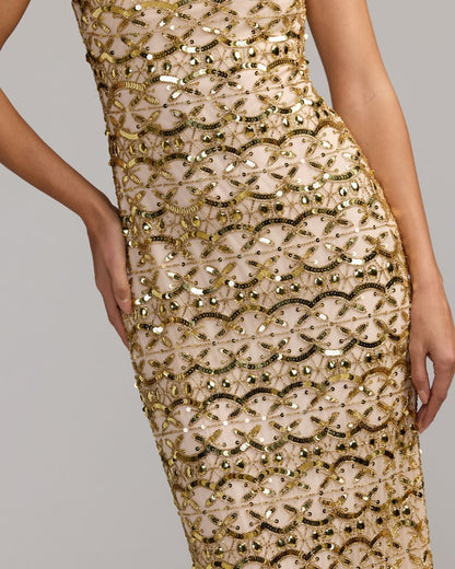 Mac Duggal Gold Embellished Scoop Neck Column Dress