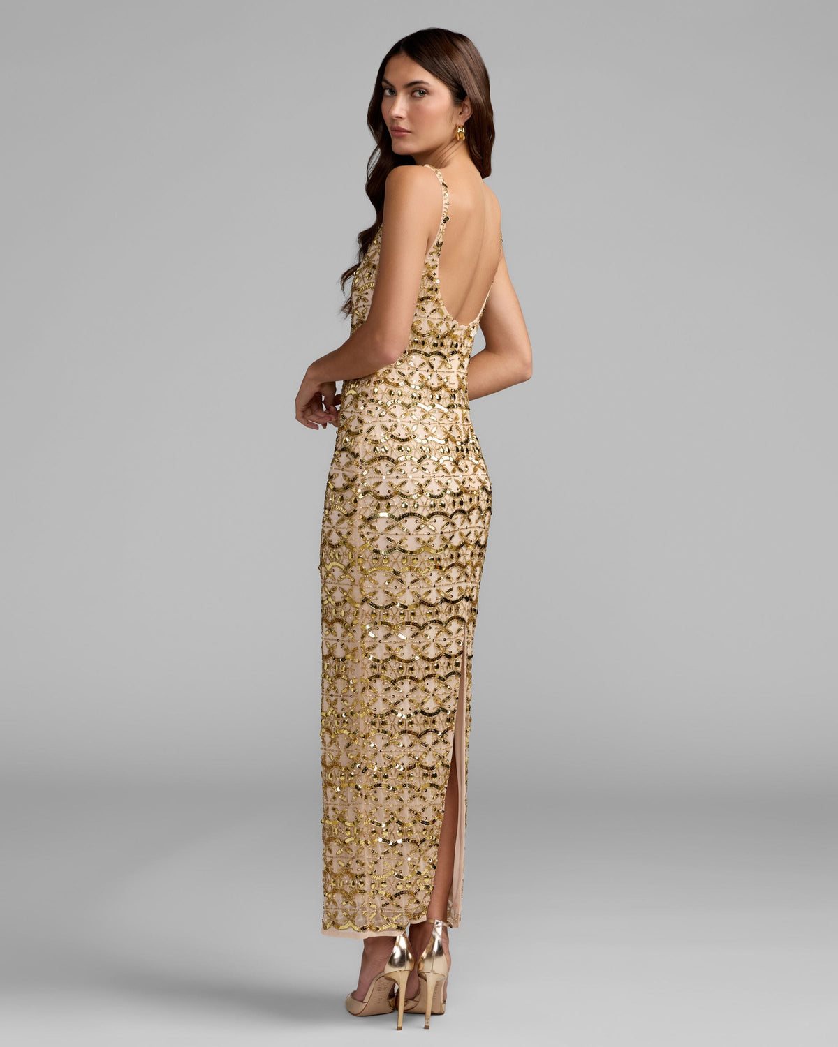 Mac Duggal Gold Embellished Scoop Neck Column Dress
