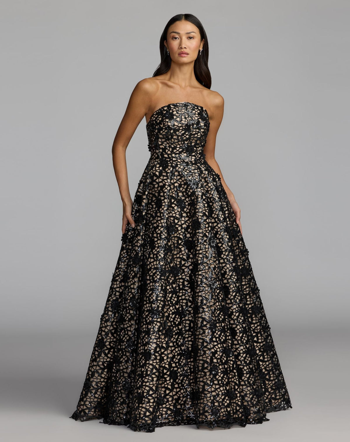 Mac Duggal Black Sequin Floral Lace Strapless Ball Gown