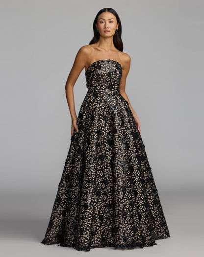 Mac Duggal Black Sequin Floral Lace Strapless Ball Gown
