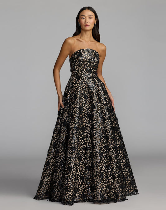 Mac Duggal Black Sequin Floral Lace Strapless Ball Gown