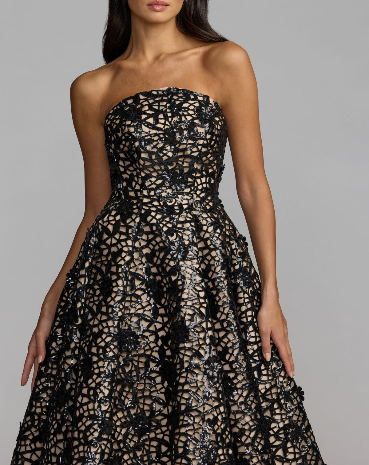 Mac Duggal Black Sequin Floral Lace Strapless Ball Gown