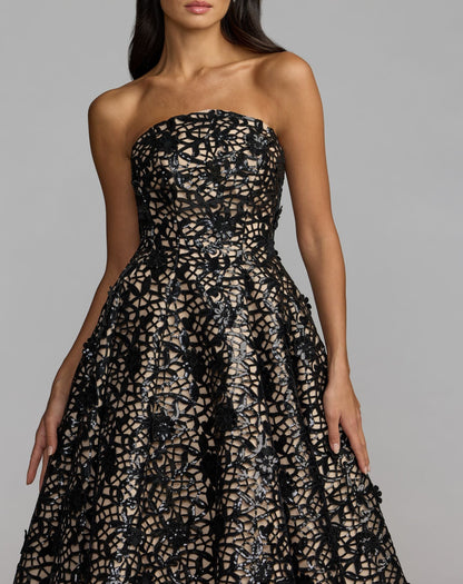 Mac Duggal Black Sequin Floral Lace Strapless Ball Gown