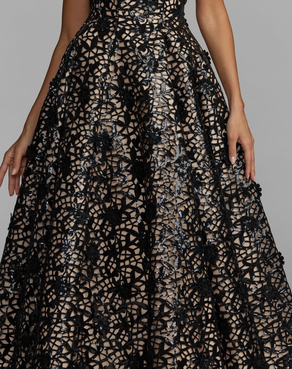 Mac Duggal Black Sequin Floral Lace Strapless Ball Gown