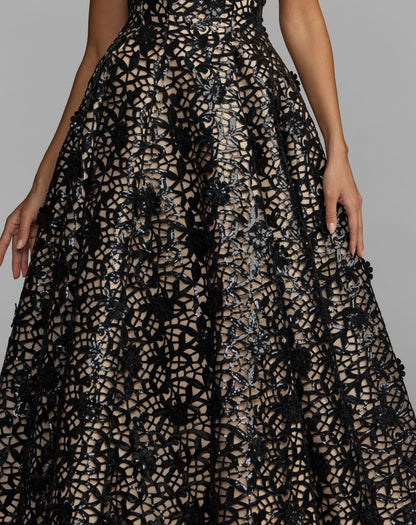 Mac Duggal Black Sequin Floral Lace Strapless Ball Gown