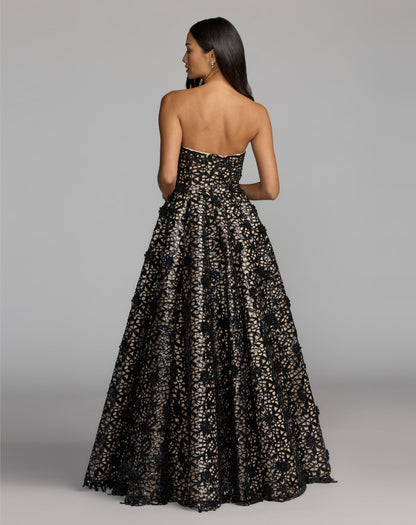 Mac Duggal Black Sequin Floral Lace Strapless Ball Gown