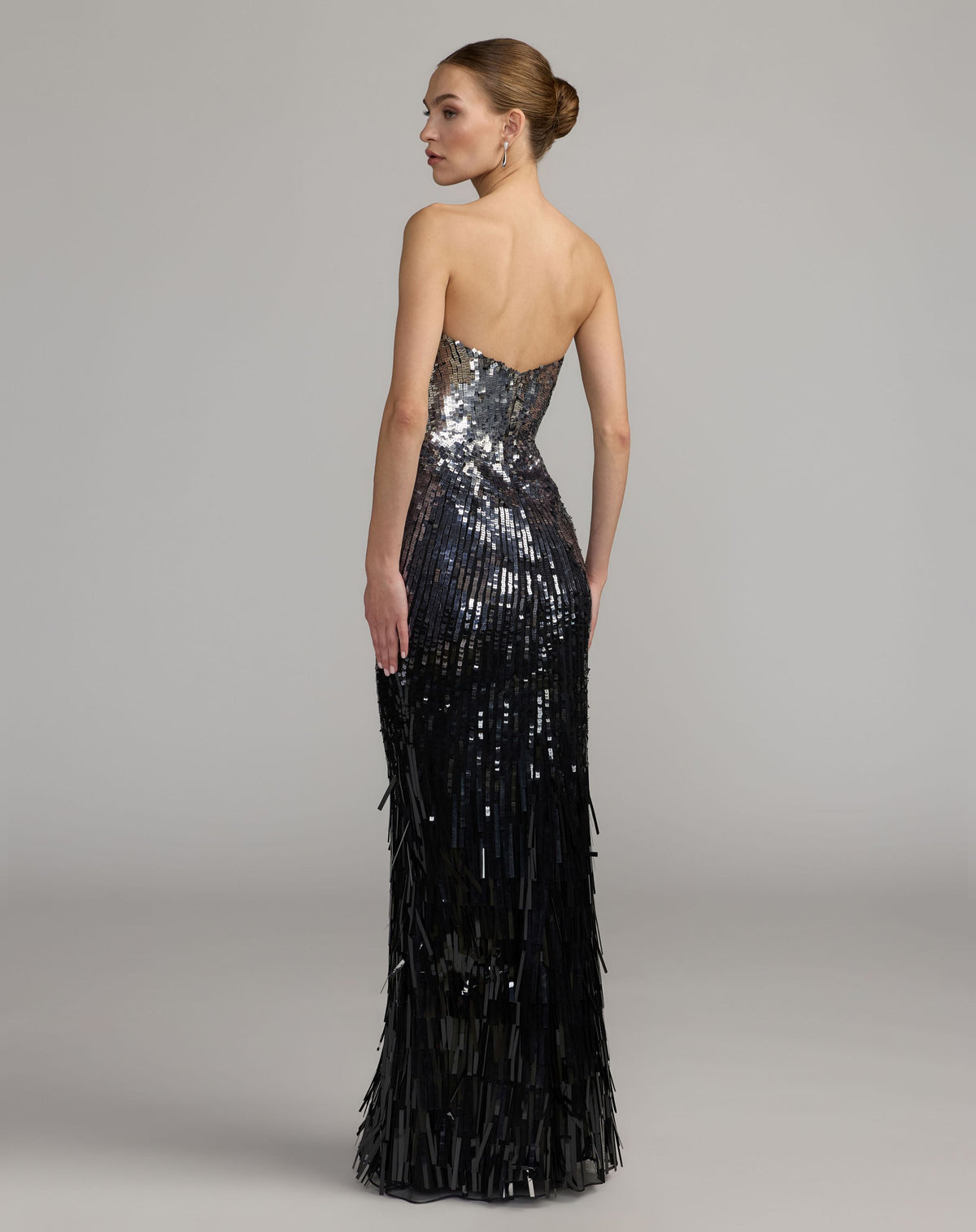 Mac Duggal Silver and Black Ombre Sequin Strapless Fringe Gown