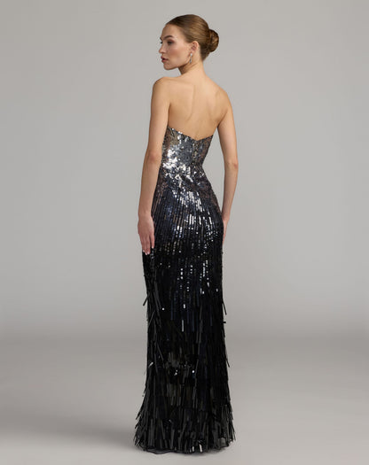 Mac Duggal Silver and Black Ombre Sequin Strapless Fringe Gown