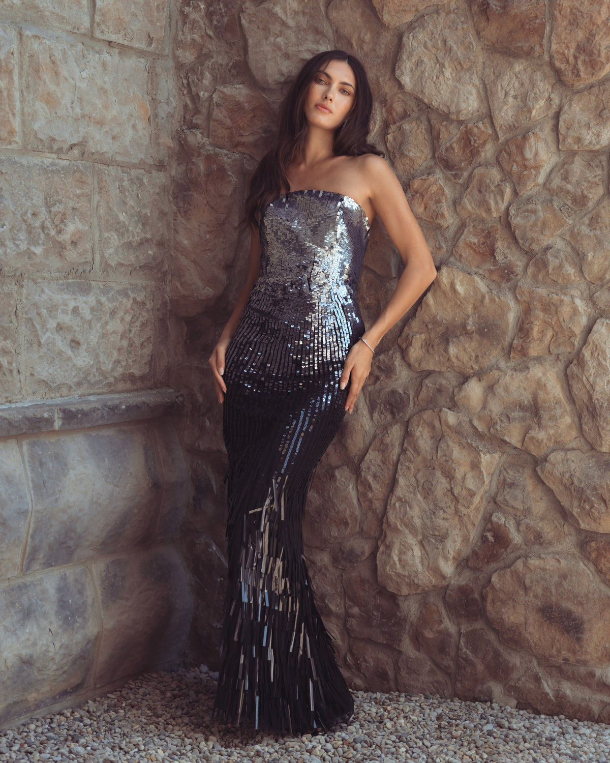 Mac Duggal Silver and Black Ombre Sequin Strapless Fringe Gown