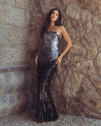 Mac Duggal Silver and Black Ombre Sequin Strapless Fringe Gown