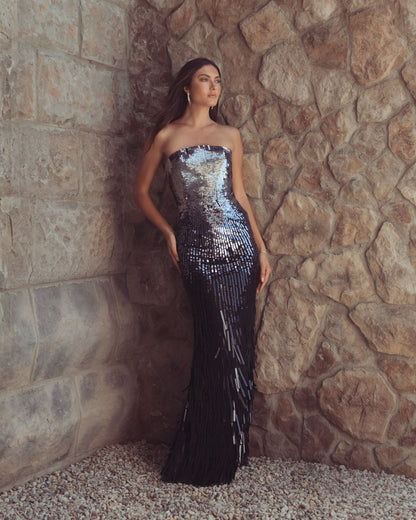 Mac Duggal Silver and Black Ombre Sequin Strapless Fringe Gown