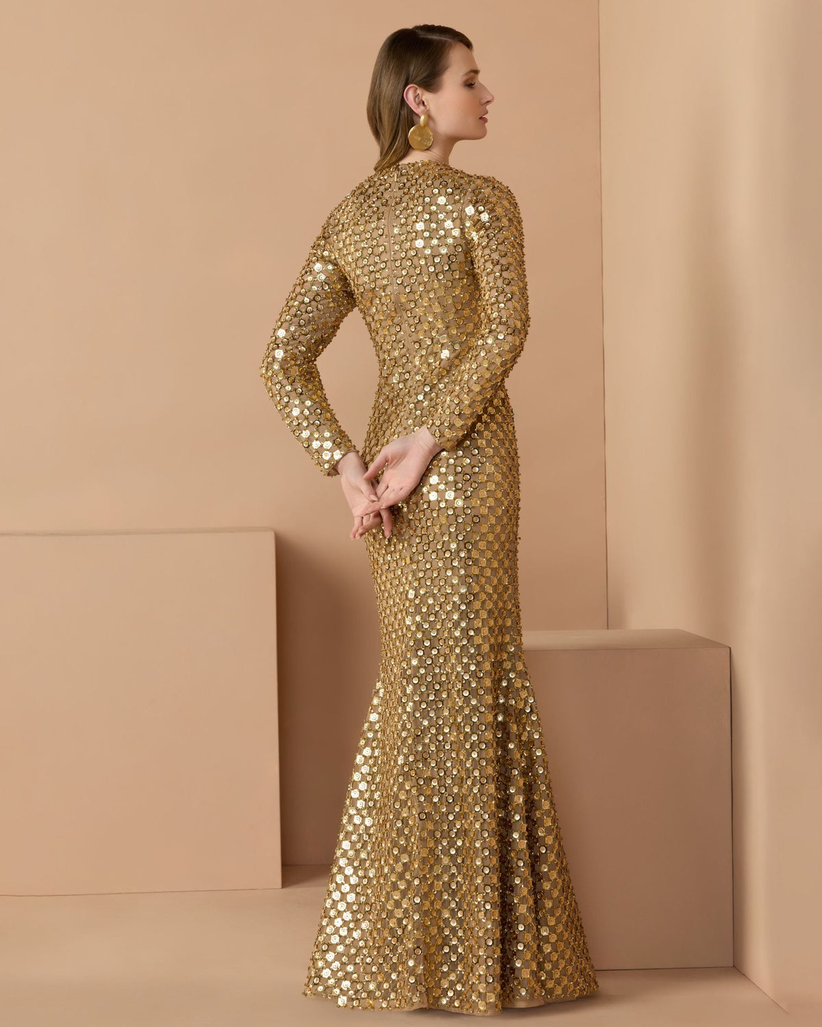 Mac Duggal Gold Geometric Sequin Long Sleeve Column Gown