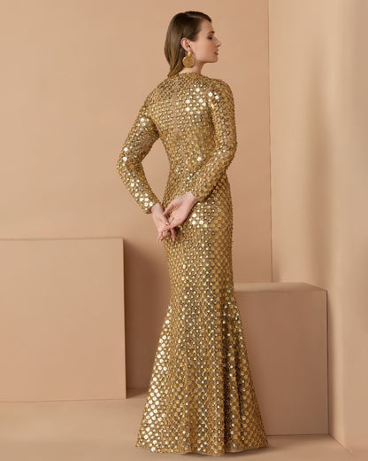Mac Duggal Gold Geometric Sequin Long Sleeve Column Gown