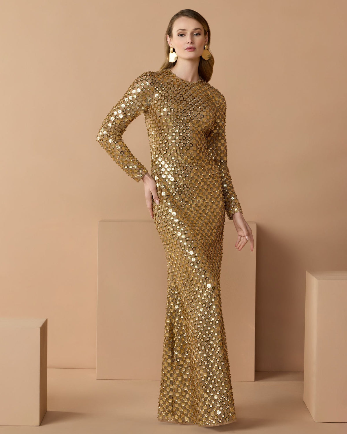Mac Duggal Gold Geometric Sequin Long Sleeve Column Gown