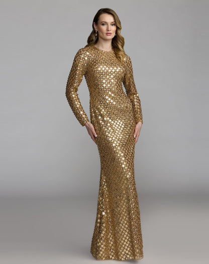 Mac Duggal Gold Geometric Sequin Long Sleeve Column Gown