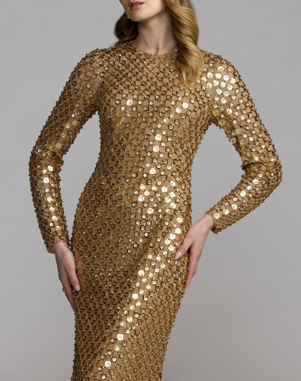 Mac Duggal Gold Geometric Sequin Long Sleeve Column Gown
