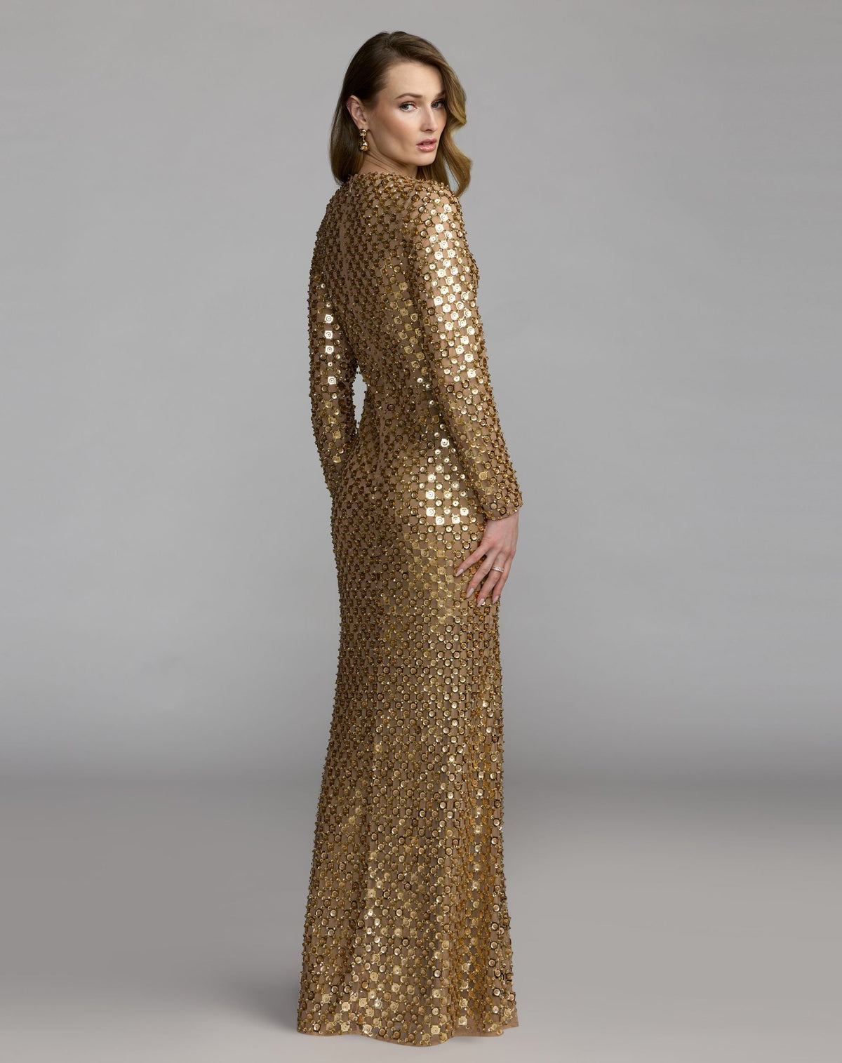 Mac Duggal Gold Geometric Sequin Long Sleeve Column Gown