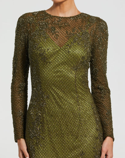 Mac Duggal Olive Green High Neck Long Sleeve Beaded Column Gown