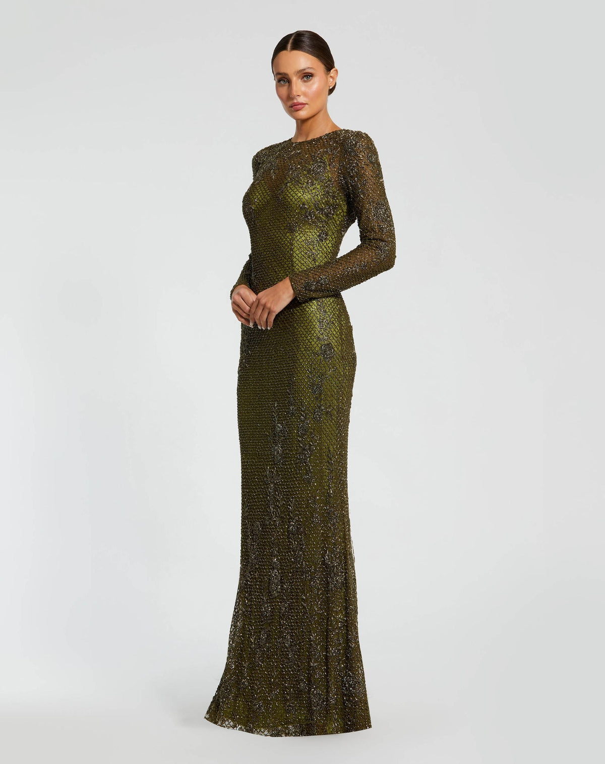 Mac Duggal Olive Green High Neck Long Sleeve Beaded Column Gown