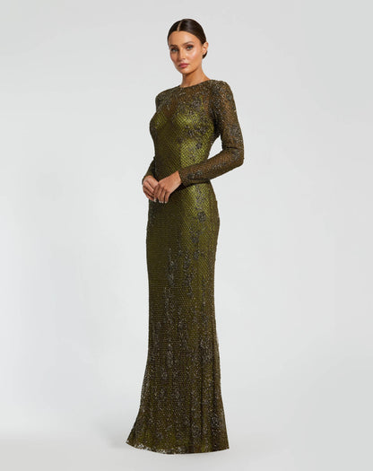 Mac Duggal Olive Green High Neck Long Sleeve Beaded Column Gown