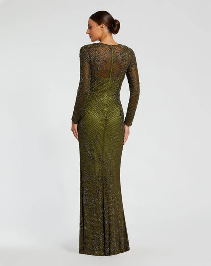 Mac Duggal Olive Green High Neck Long Sleeve Beaded Column Gown