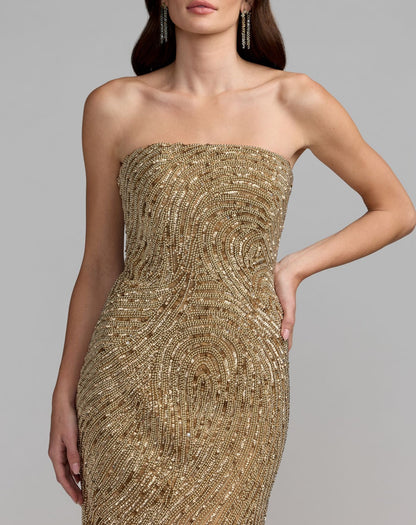 Mac Duggal Gold Embellished Strapless Column Gown