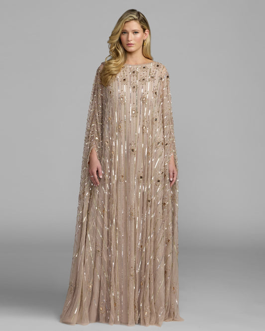 Mac Duggal Beige Beaded Boat Neck Kaftan Gown