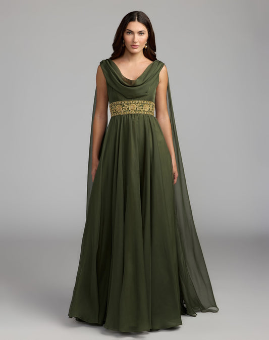 Mac Duggal Olive Green Cowl Chiffon Gown With Embellished Waist