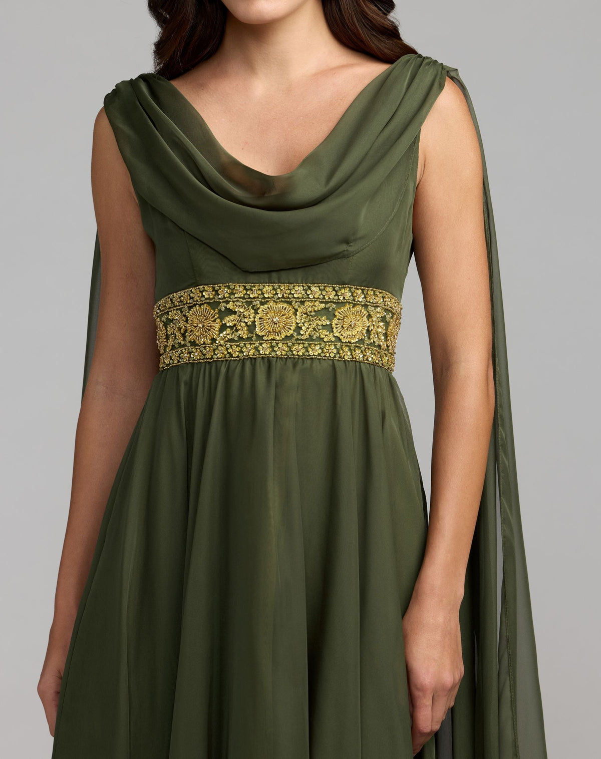 Mac Duggal Olive Green Cowl Chiffon Gown With Embellished Waist
