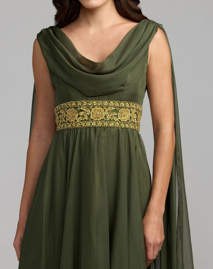 Mac Duggal Olive Green Cowl Chiffon Gown With Embellished Waist