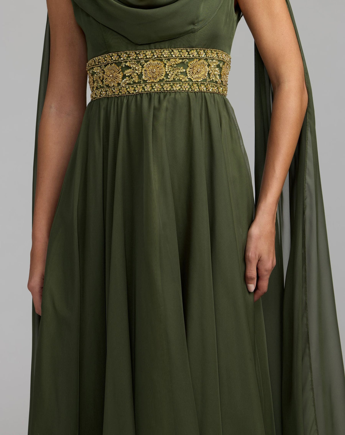 Mac Duggal Olive Green Cowl Chiffon Gown With Embellished Waist