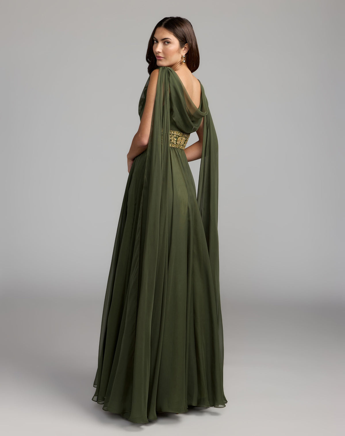 Mac Duggal Olive Green Cowl Chiffon Gown With Embellished Waist