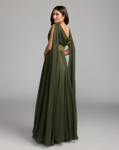 Mac Duggal Olive Green Cowl Chiffon Gown With Embellished Waist