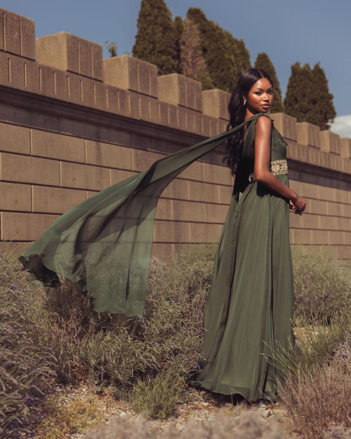 Mac Duggal Olive Green Cowl Chiffon Gown With Embellished Waist