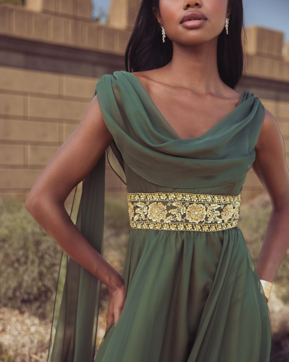 Mac Duggal Olive Green Cowl Chiffon Gown With Embellished Waist