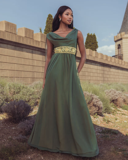 Mac Duggal Olive Green Cowl Chiffon Gown With Embellished Waist