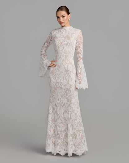 Mac Duggal White Mock Neck Long Sleeve Lace Gown