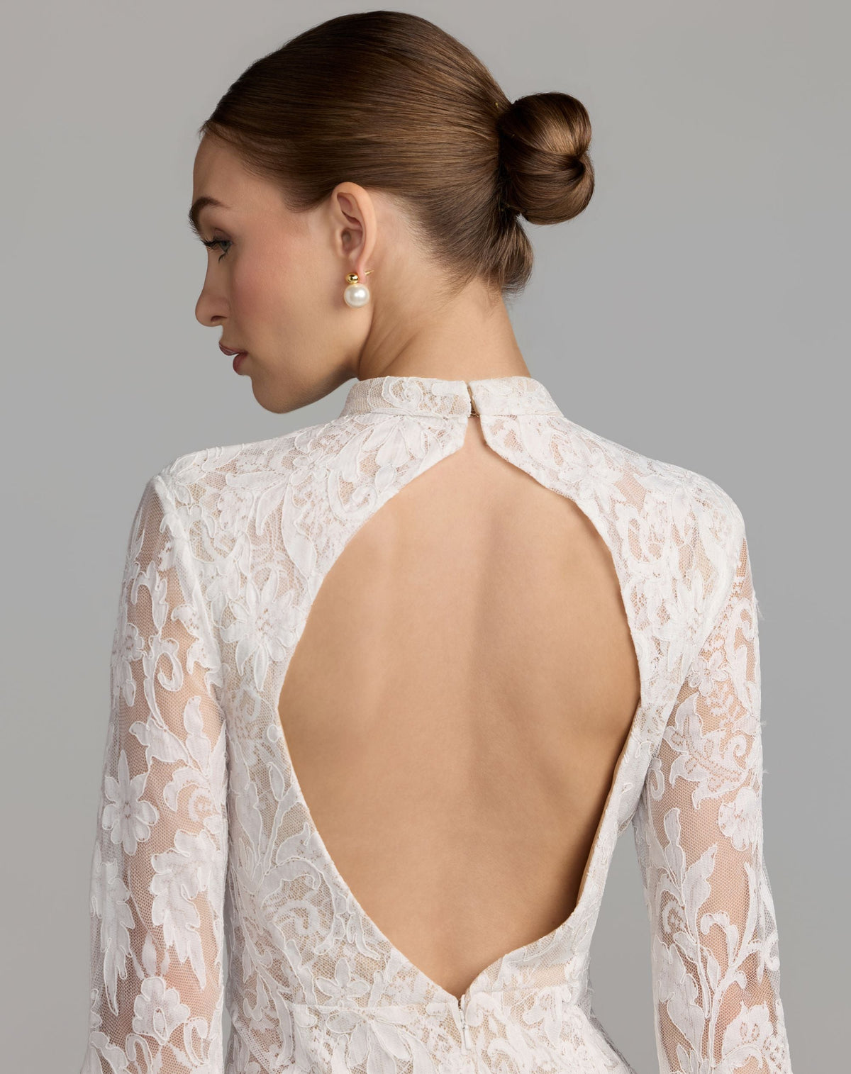 Mac Duggal White Mock Neck Long Sleeve Lace Gown